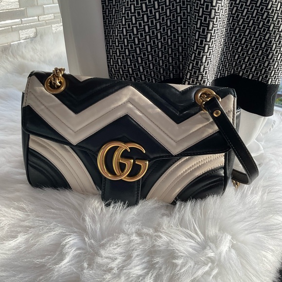 Gucci Marmont GG Black White Chevron Matelasse Leather Fold Over Flap Bag - Picture 1 of 10
